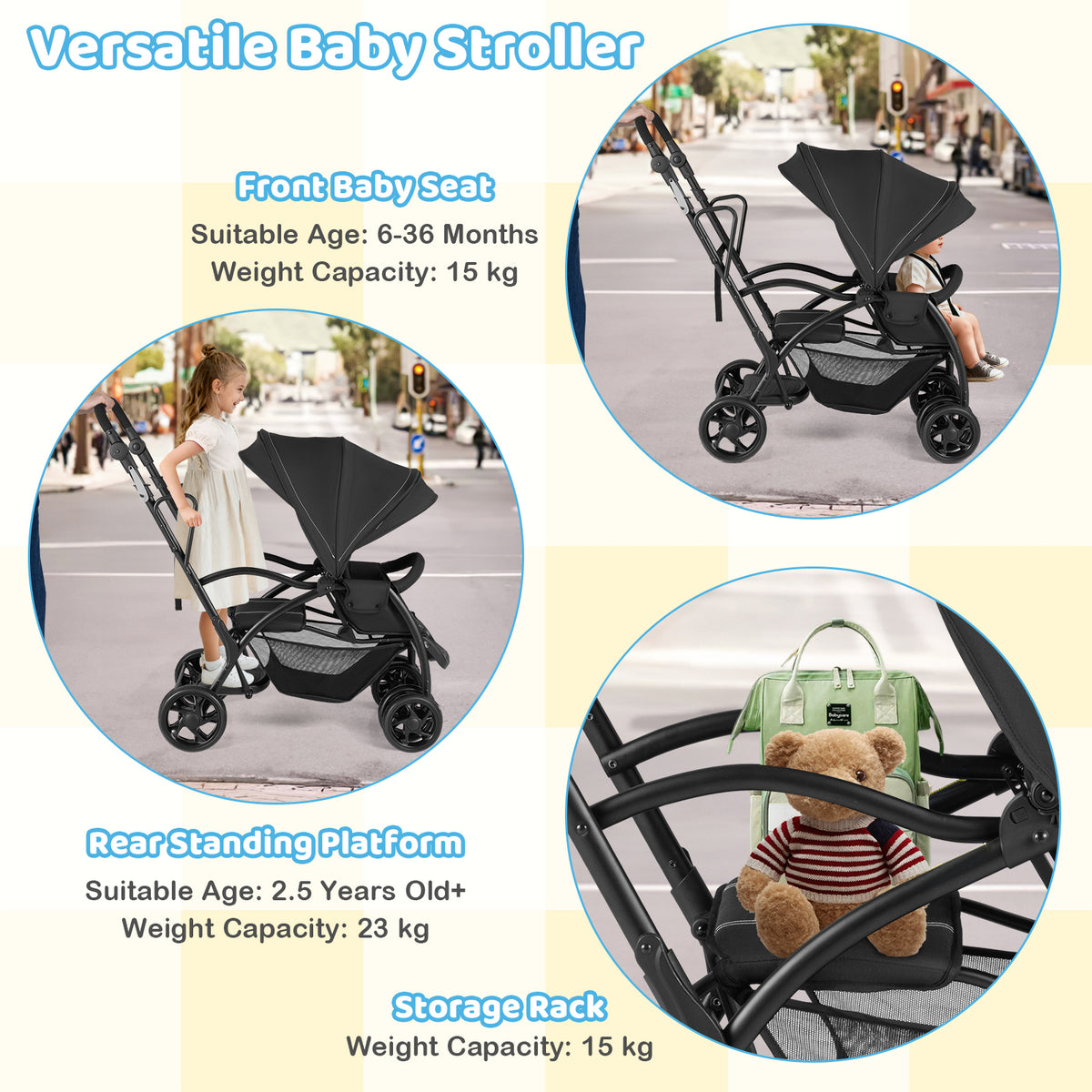 Foldable Twin Tandem Stroller Sit and Stand Double Stroller with Adjustable Handle Bar-Black