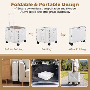 Foldable Utility Cart on 4 Rotate Wheels with Cup Holder-White