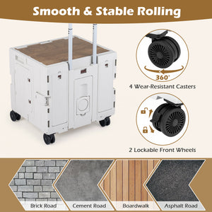 Foldable Utility Cart on 4 Rotate Wheels with Cup Holder-White