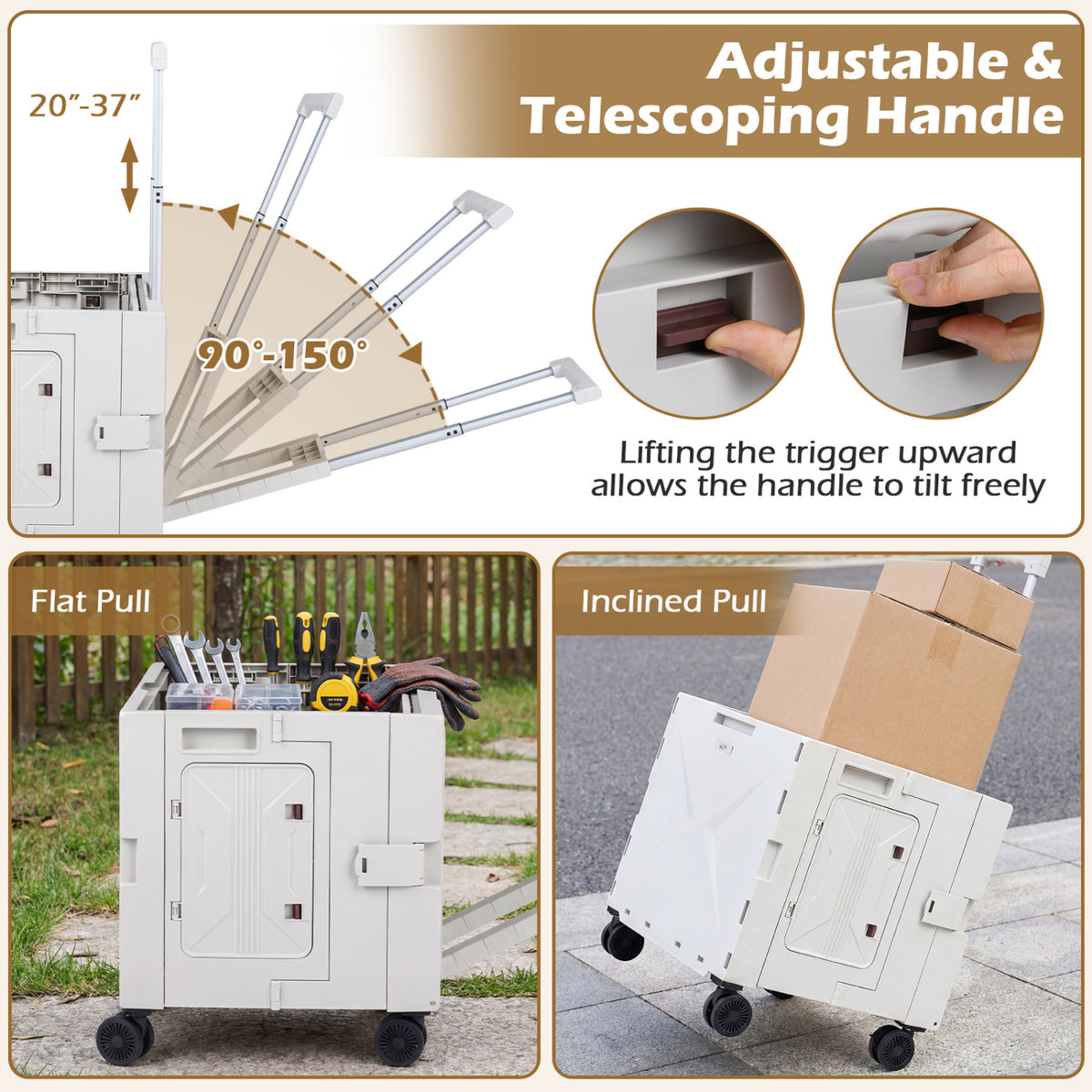 Foldable Utility Cart on 4 Rotate Wheels with Cup Holder-White