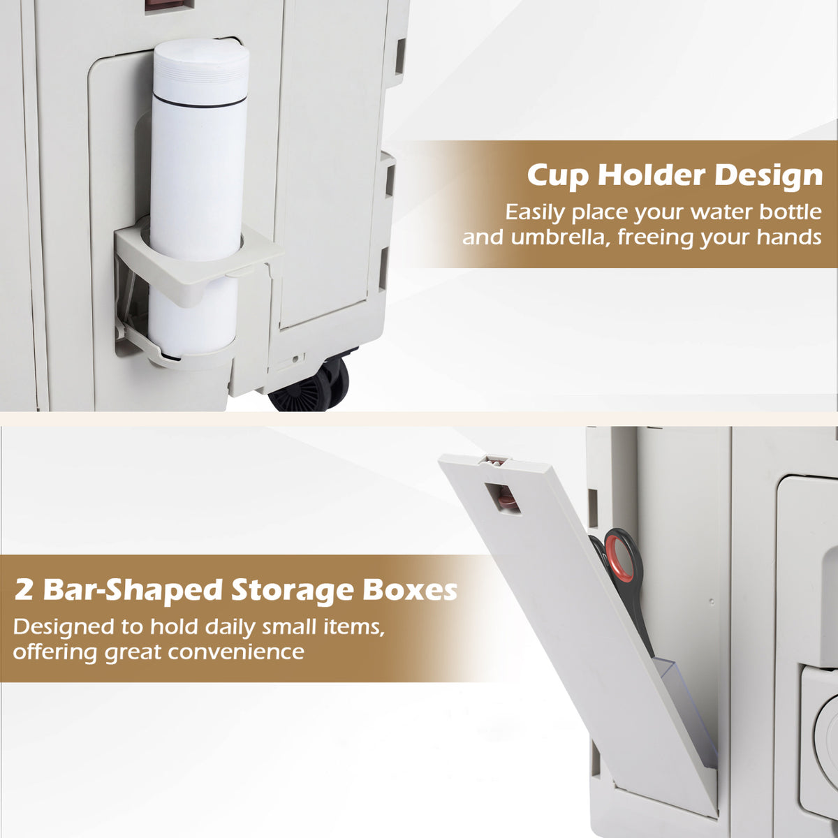 Foldable Utility Cart on 4 Rotate Wheels with Cup Holder-White