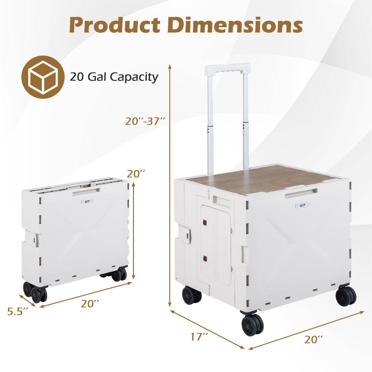 Foldable Utility Cart on 4 Rotate Wheels with Cup Holder-White