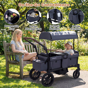 Foldable Wagon Stroller for 2 Kids Double Seater Toddler Stroller with Removable Canopy-Gray
