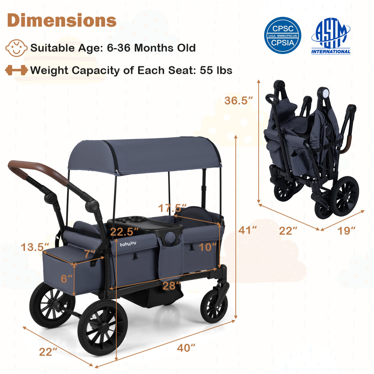 Foldable Wagon Stroller for 2 Kids Double Seater Toddler Stroller with Removable Canopy-Gray