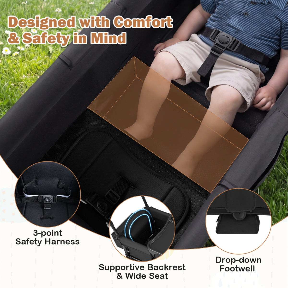 Foldable Wagon Stroller for 2 Kids Double Seater Toddler Stroller with Removable Canopy-Black