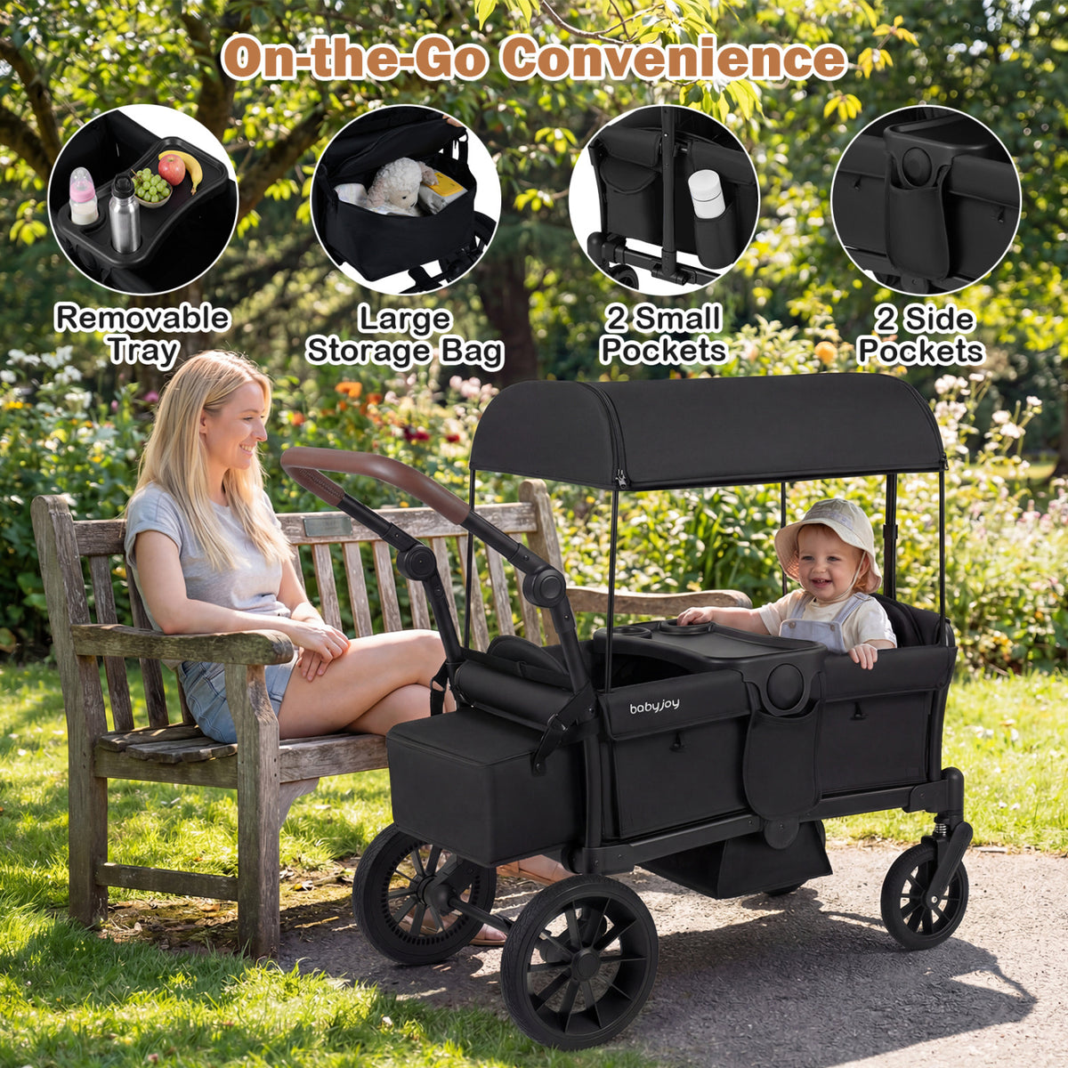 Foldable Wagon Stroller for 2 Kids Double Seater Toddler Stroller with Removable Canopy-Black