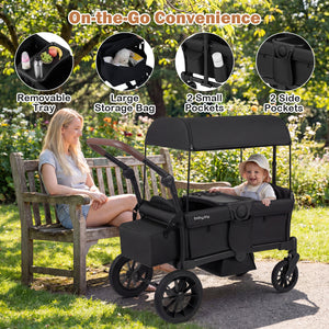 Foldable Wagon Stroller for 2 Kids Double Seater Toddler Stroller with Removable Canopy-Black