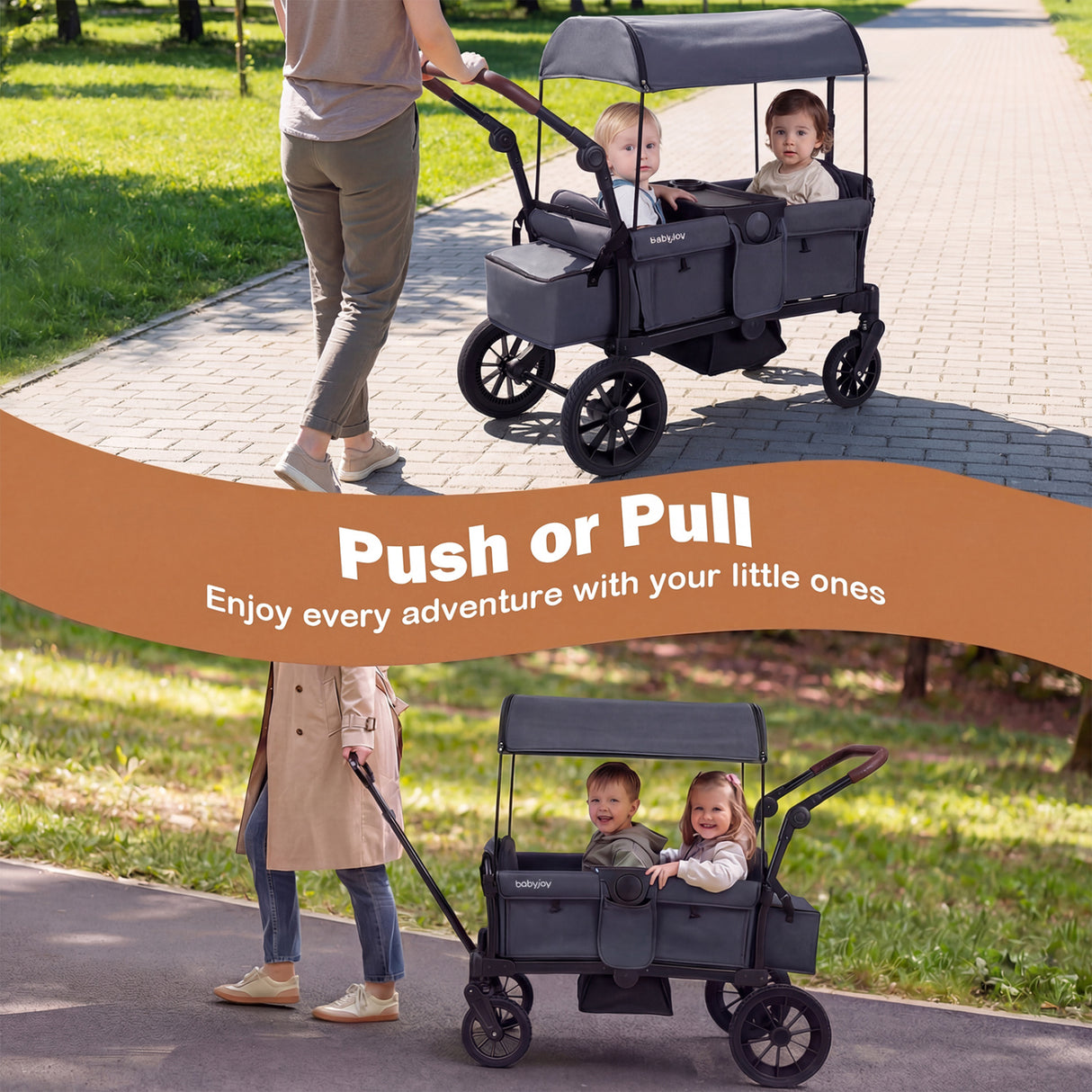 Foldable Wagon Stroller for 2 Kids Double Seater Toddler Stroller with Removable Canopy-Gray