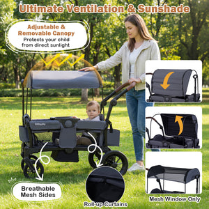 Foldable Wagon Stroller for 2 Kids Double Seater Toddler Stroller with Removable Canopy-Gray