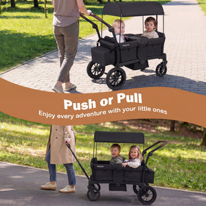 Foldable Wagon Stroller for 2 Kids Double Seater Toddler Stroller with Removable Canopy-Black
