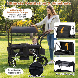 Foldable Wagon Stroller for 2 Kids Double Seater Toddler Stroller with Removable Canopy-Black