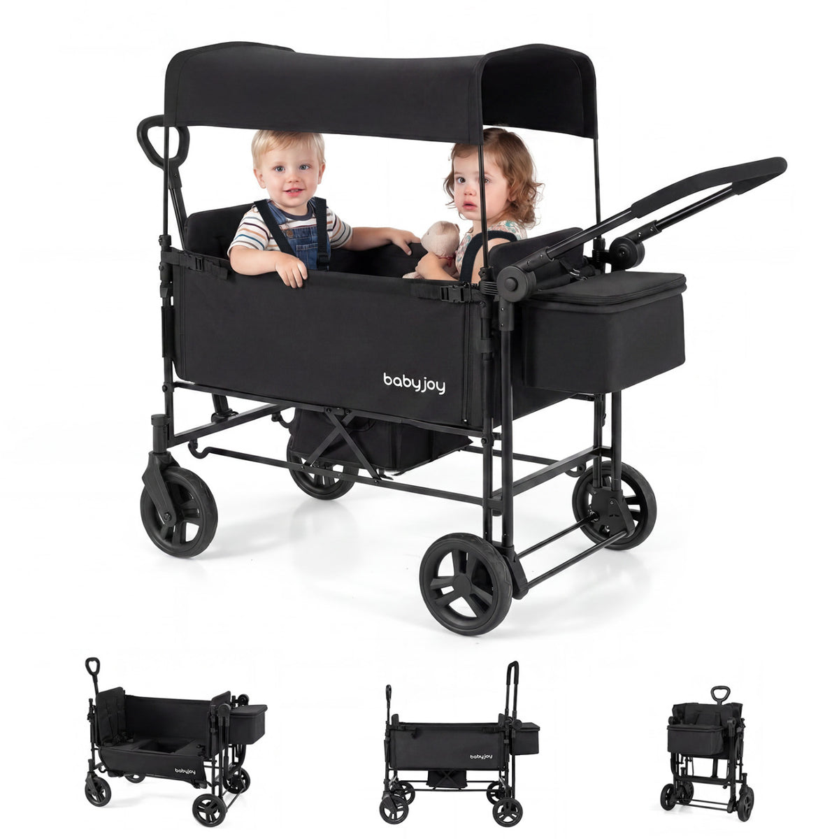 Foldable Wagon Stroller for 2 Kids with Removable Canopy and Adjustable Push Handle-Black