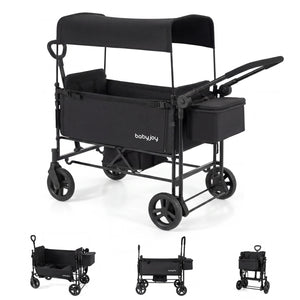 Foldable Wagon Stroller for 2 Kids with Removable Canopy and Adjustable Push Handle-Black