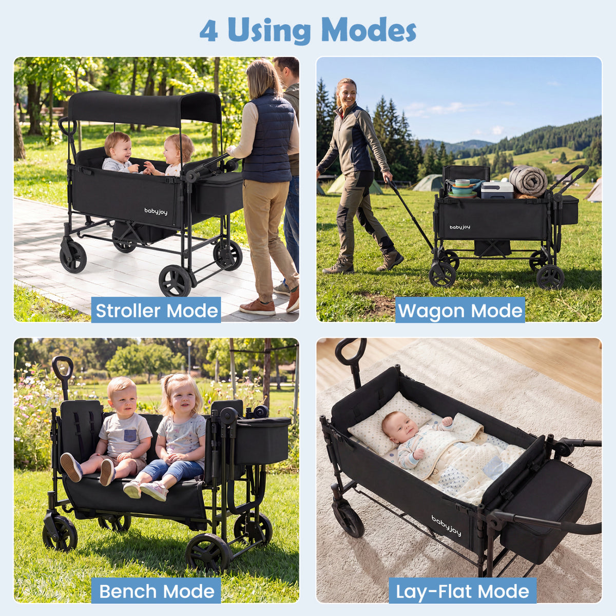 Foldable Wagon Stroller for 2 Kids with Removable Canopy and Adjustable Push Handle-Black