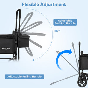 Foldable Wagon Stroller for 2 Kids with Removable Canopy and Adjustable Push Handle-Black