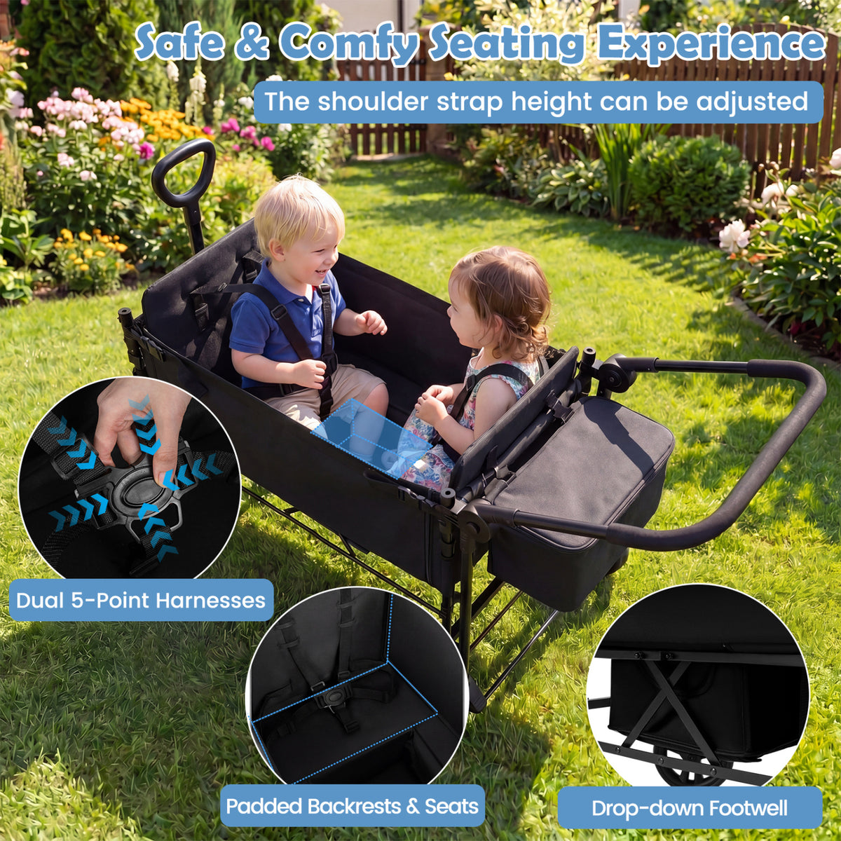 Foldable Wagon Stroller for 2 Kids with Removable Canopy and Adjustable Push Handle-Black