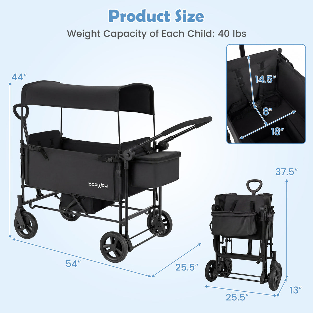 Foldable Wagon Stroller for 2 Kids with Removable Canopy and Adjustable Push Handle-Black
