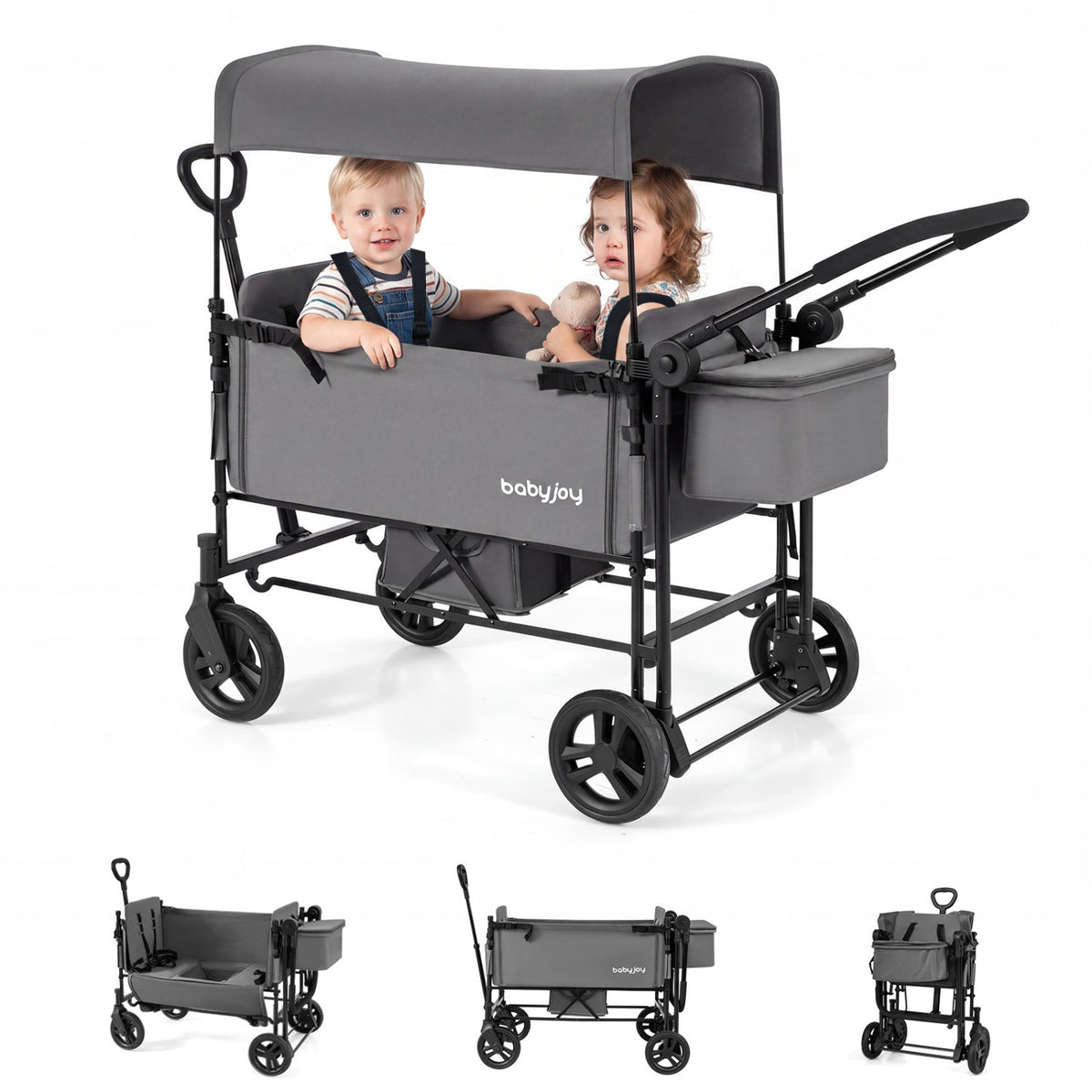 Foldable Wagon Stroller for 2 Kids with Removable Canopy and Adjustable Push Handle-Gray
