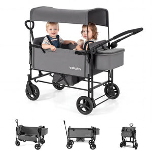 Foldable Wagon Stroller for 2 Kids with Removable Canopy and Adjustable Push Handle-Gray