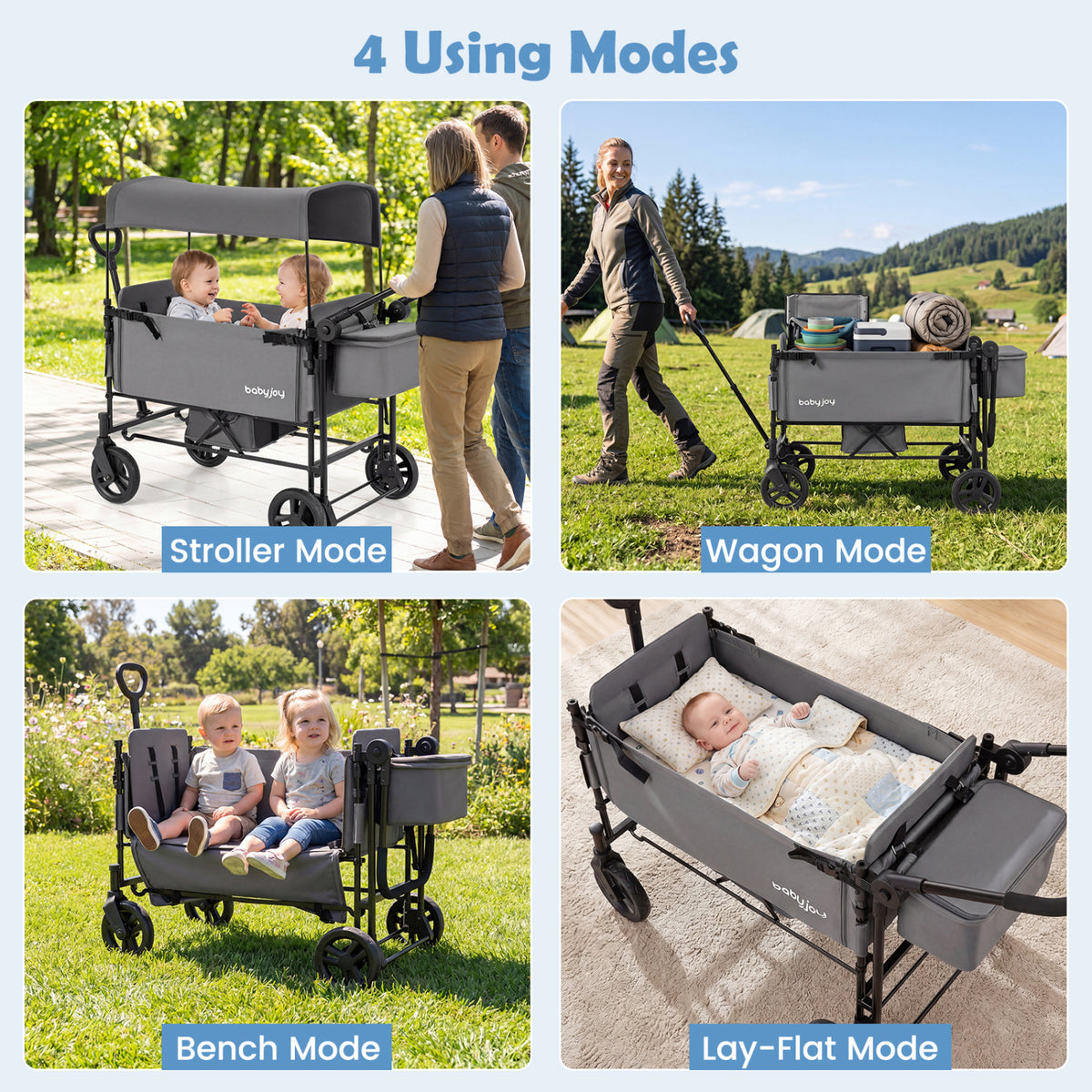 Foldable Wagon Stroller for 2 Kids with Removable Canopy and Adjustable Push Handle-Gray