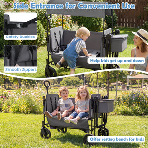 Foldable Wagon Stroller for 2 Kids with Removable Canopy and Adjustable Push Handle-Gray