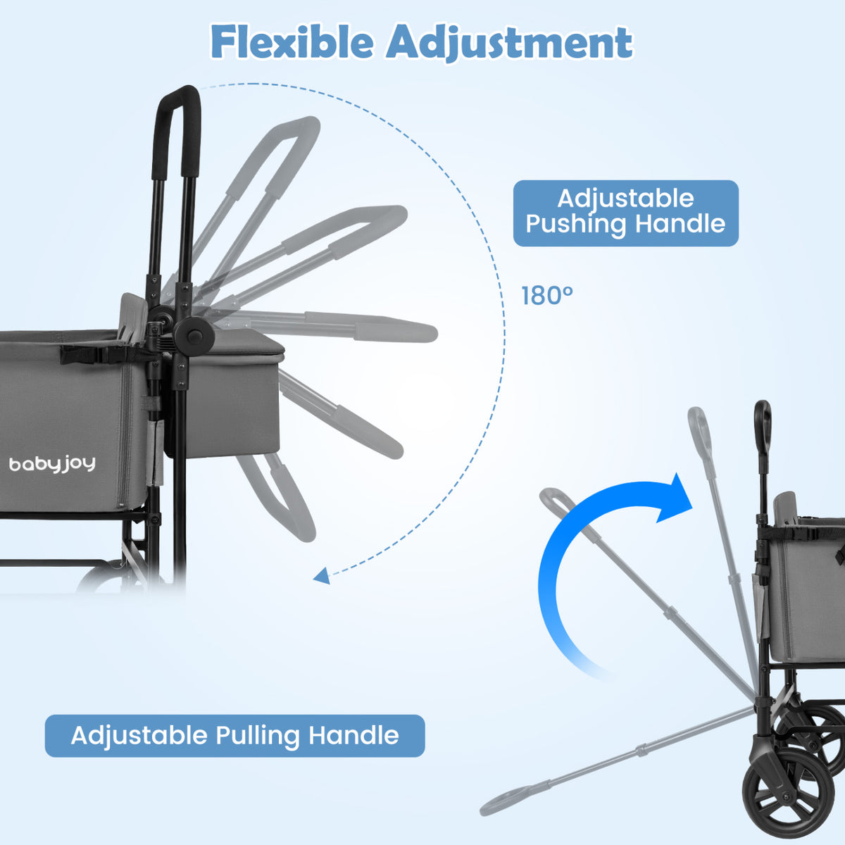Foldable Wagon Stroller for 2 Kids with Removable Canopy and Adjustable Push Handle-Gray