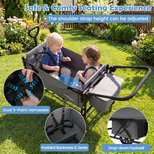Foldable Wagon Stroller for 2 Kids with Removable Canopy and Adjustable Push Handle-Gray
