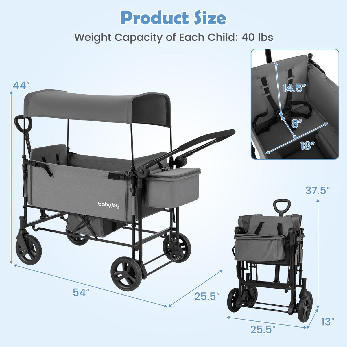 Foldable Wagon Stroller for 2 Kids with Removable Canopy and Adjustable Push Handle-Gray