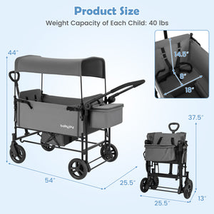 Foldable Wagon Stroller for 2 Kids with Removable Canopy and Adjustable Push Handle-Gray