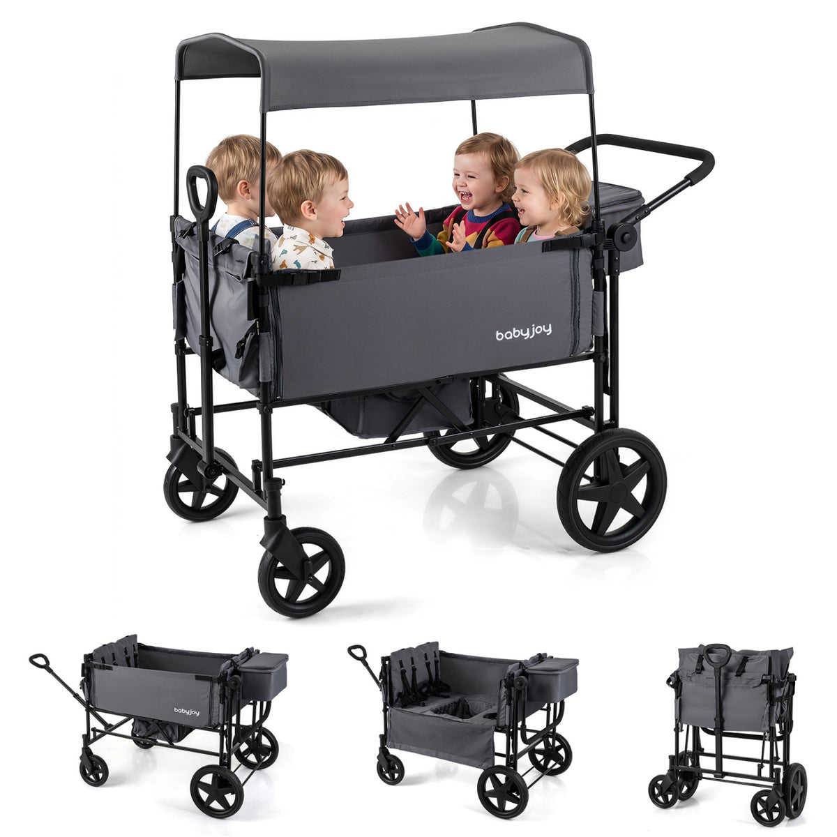 Foldable Wagon Stroller for 4 Kids with Removable Canopy and Adjustable Push-Gray