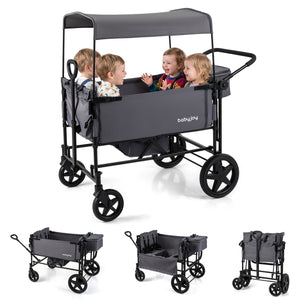 Foldable Wagon Stroller for 4 Kids with Removable Canopy and Adjustable Push-Gray
