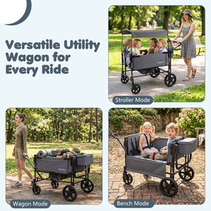 Foldable Wagon Stroller for 4 Kids with Removable Canopy and Adjustable Push-Gray