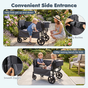 Foldable Wagon Stroller for 4 Kids with Removable Canopy and Adjustable Push-Gray