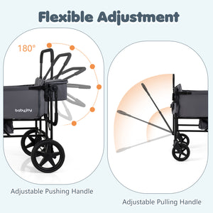Foldable Wagon Stroller for 4 Kids with Removable Canopy and Adjustable Push-Gray