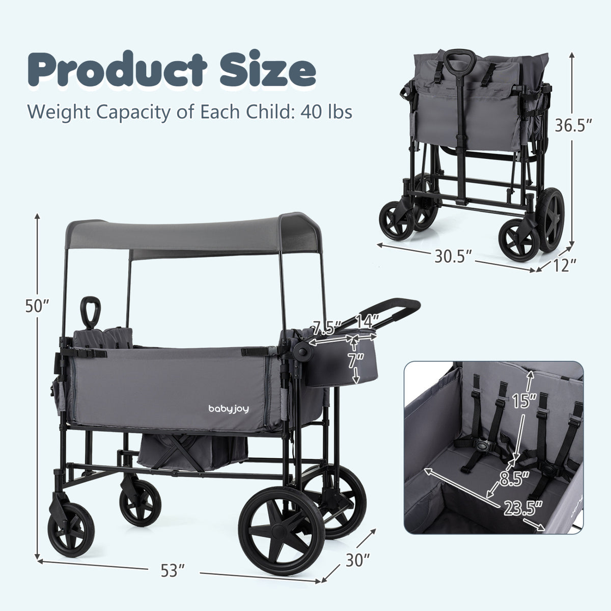 Foldable Wagon Stroller for 4 Kids with Removable Canopy and Adjustable Push-Gray