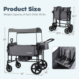 Foldable Wagon Stroller for 4 Kids with Removable Canopy and Adjustable Push-Gray