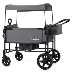 Foldable Wagon Stroller for 4 Kids with Removable Canopy and Adjustable Push-Gray