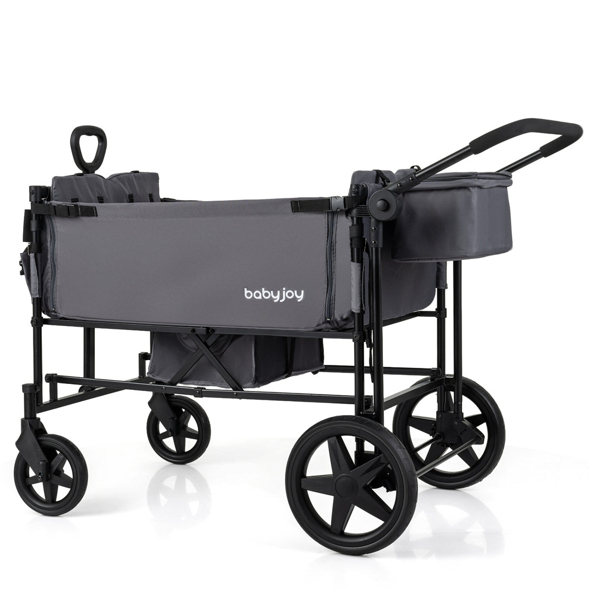Foldable Wagon Stroller for 4 Kids with Removable Canopy and Adjustable Push-Gray