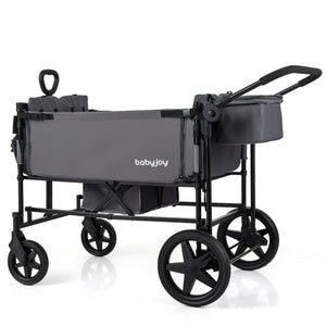 Foldable Wagon Stroller for 4 Kids with Removable Canopy and Adjustable Push-Gray
