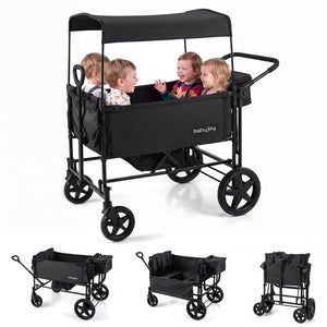 Foldable Wagon Stroller for 4 Kids with Removable Canopy and Adjustable Push-Black