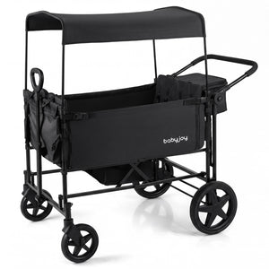 Foldable Wagon Stroller for 4 Kids with Removable Canopy and Adjustable Push-Black