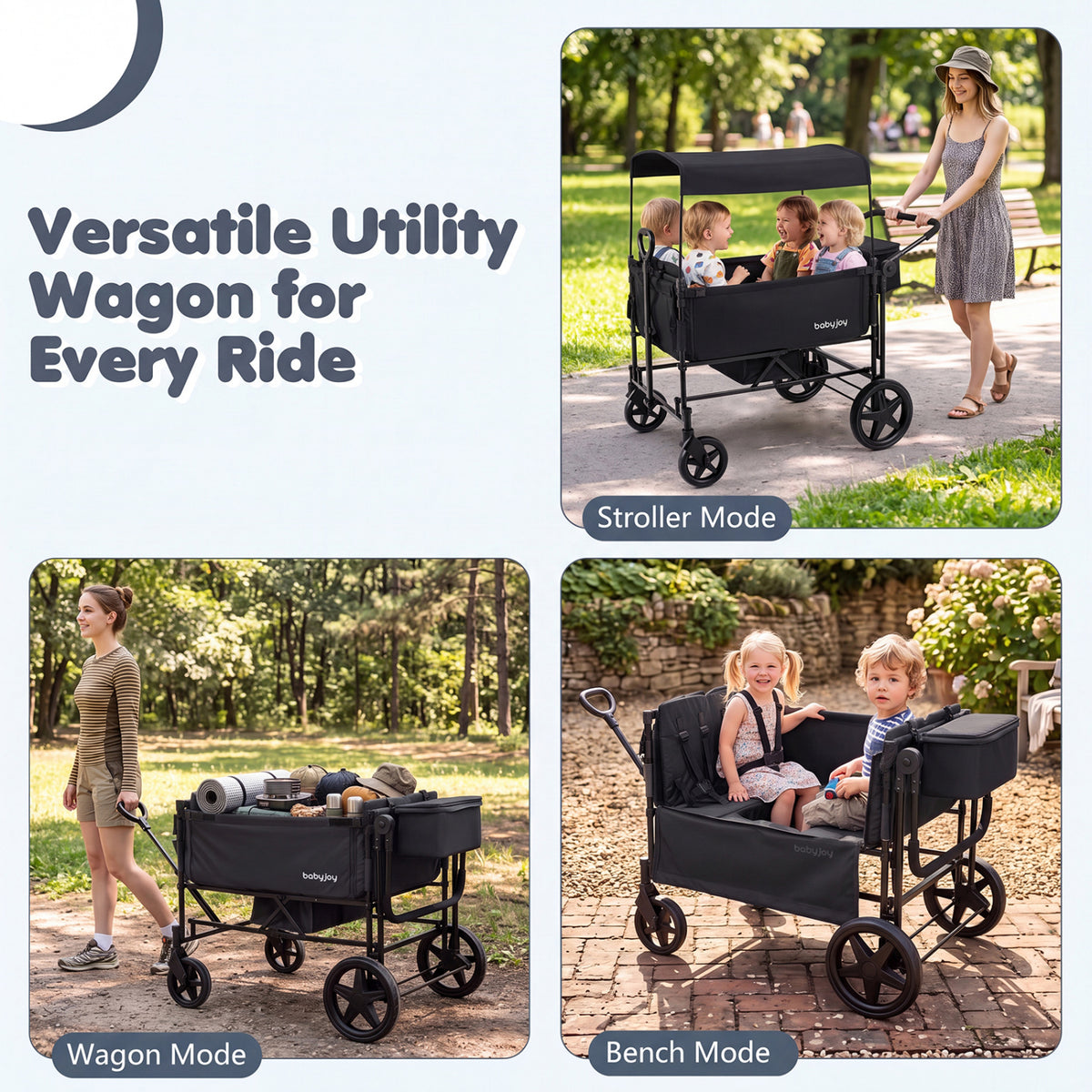 Foldable Wagon Stroller for 4 Kids with Removable Canopy and Adjustable Push-Black