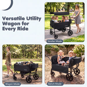 Foldable Wagon Stroller for 4 Kids with Removable Canopy and Adjustable Push-Black