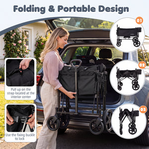 Foldable Wagon Stroller for 4 Kids with Removable Canopy and Adjustable Push-Black