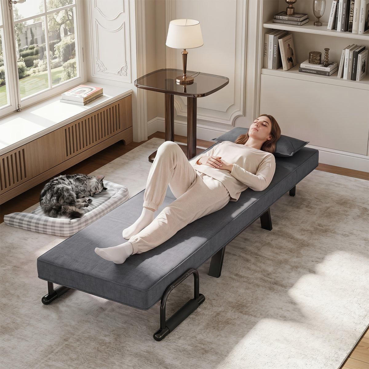 Folding 6 Position Convertible Sleeper Bed Armchair Lounge Couch with Pillow-Gray