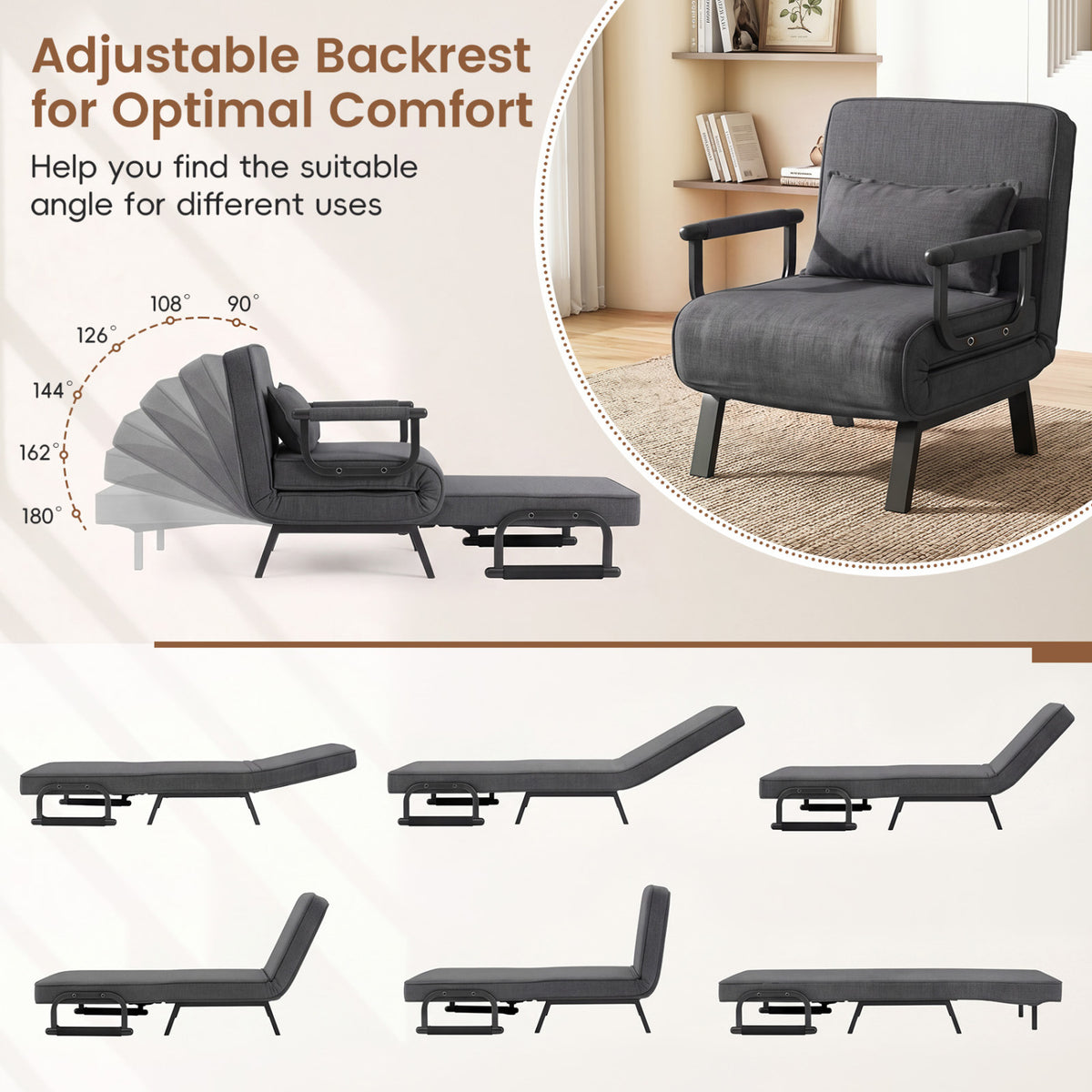 Folding 6 Position Convertible Sleeper Bed Armchair Lounge Couch with Pillow-Gray