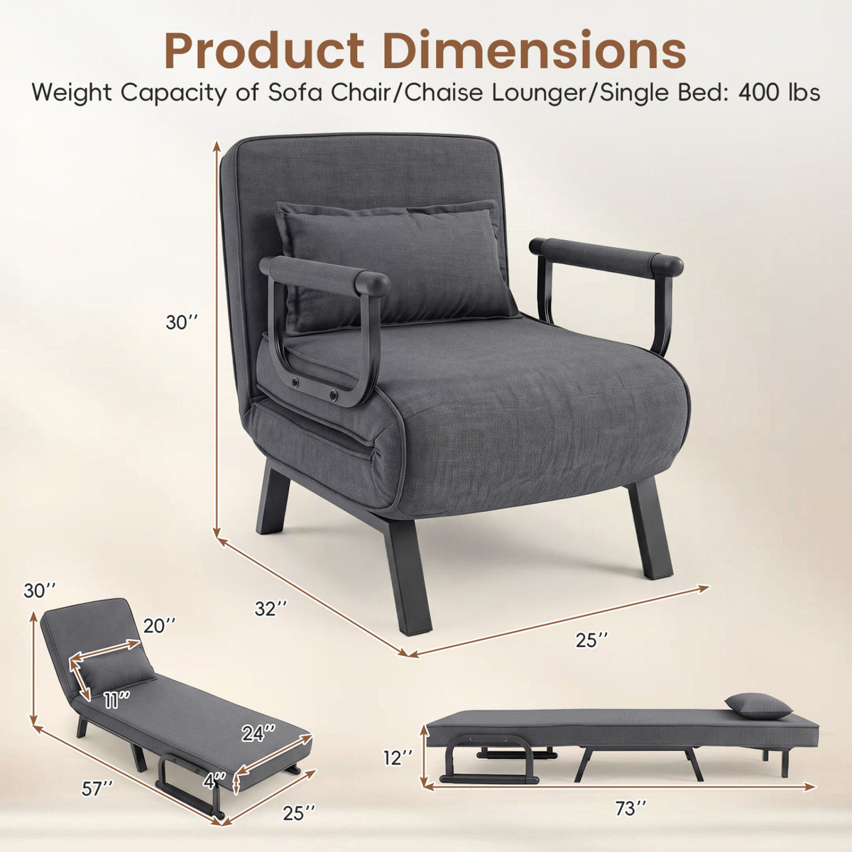 Folding 6 Position Convertible Sleeper Bed Armchair Lounge Couch with Pillow-Gray