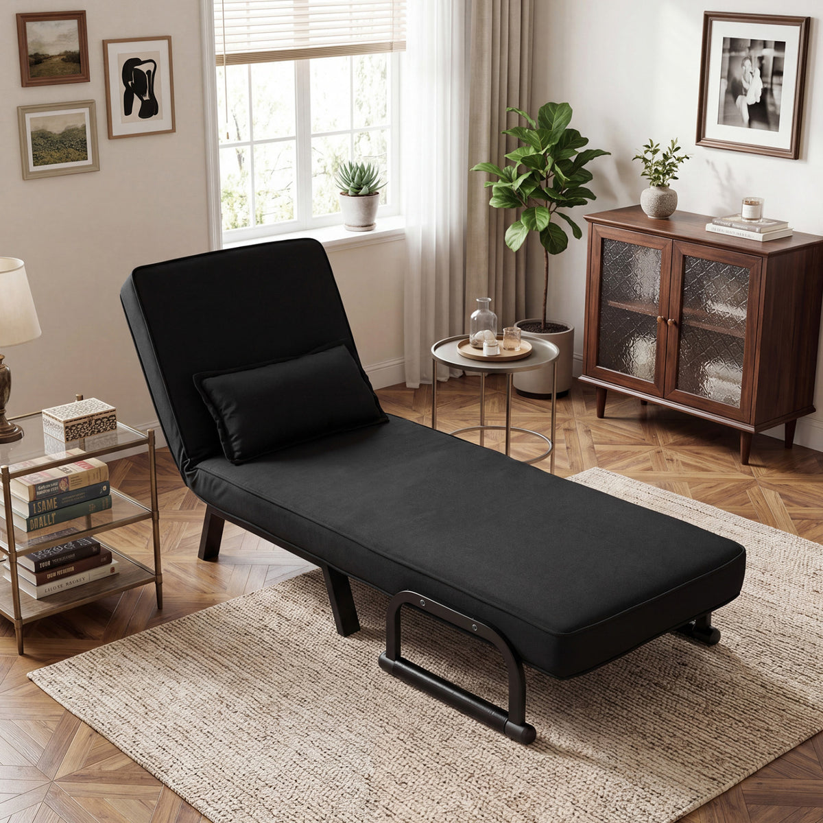 Folding 6 Position Convertible Sleeper Bed Armchair Lounge Couch with Pillow-Black