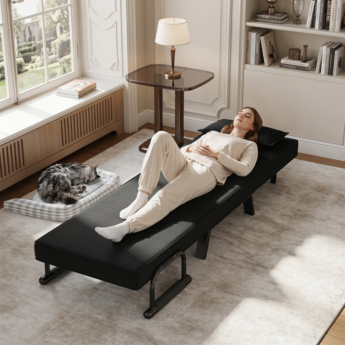 Folding 6 Position Convertible Sleeper Bed Armchair Lounge Couch with Pillow-Black