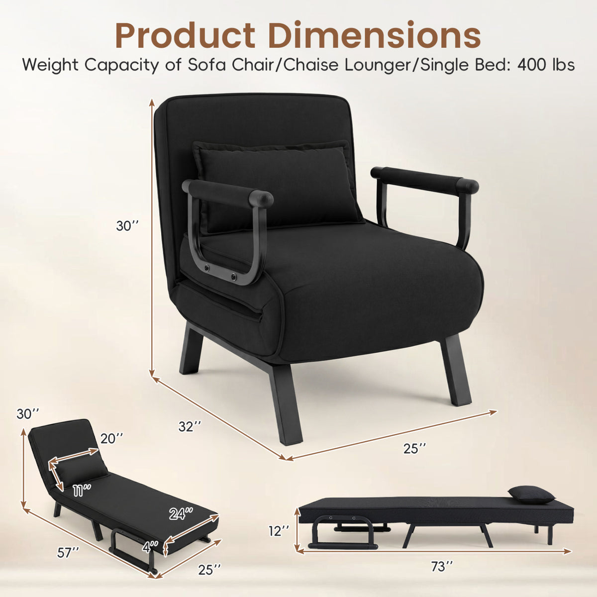 Folding 6 Position Convertible Sleeper Bed Armchair Lounge Couch with Pillow-Black